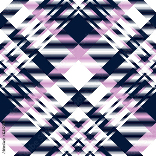Plaid check pattern in navy blue, orchid violet and white. Seamless fabric texture print.