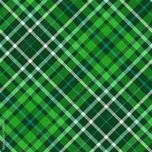 Plaid check pattern in dark green, forest green, myrtle, aqua and white. Seamless fabric texture print.