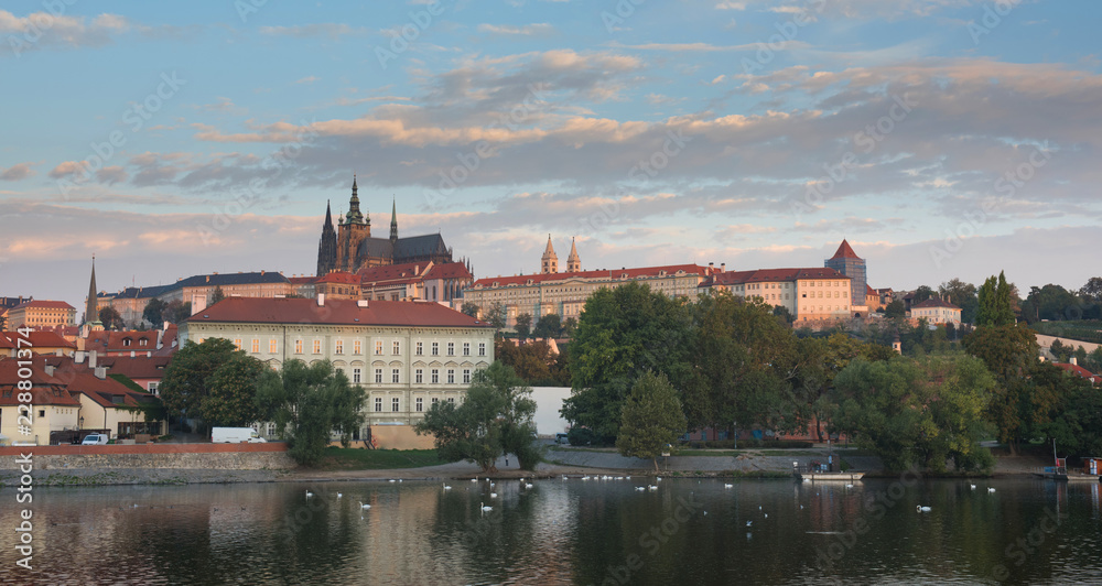 View of colorful old town and Prague castle with river Vltava, Czech Republic