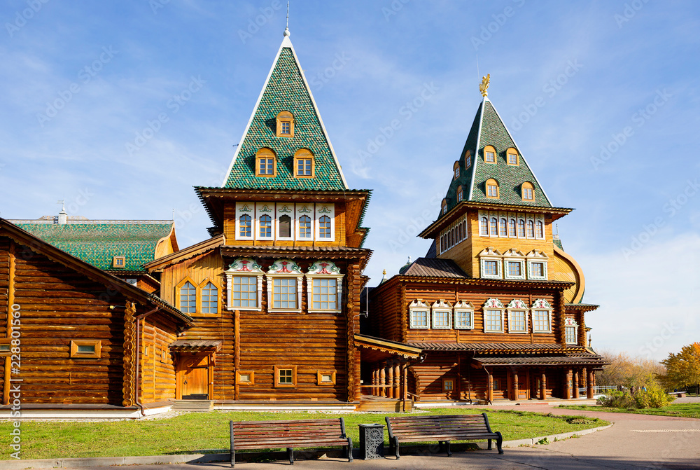 Moscow, Russia, wooden Palace of czar Alexey Mikhailovich in Kolomenskoye (reconstruction). It is a wooden Royal Palace built in the suburban village of Kolomenskoye in the 17th century. 