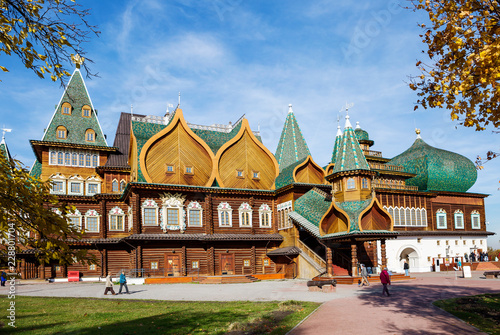 Moscow, Russia, wooden Palace of czar Alexey Mikhailovich in Kolomenskoye (reconstruction). It is a wooden Royal Palace built in the suburban village of Kolomenskoye in the 17th century. 
