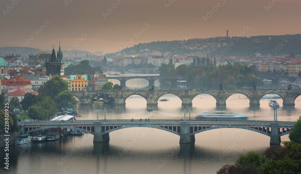 Scenic Autumn aerial view of the Old Town pier architecture and Charles Bridge over Vltava river in Prague, Czech Republic