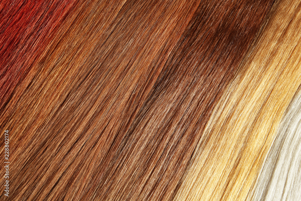 Fototapeta premium Colorful hair strands, top view. Professional care