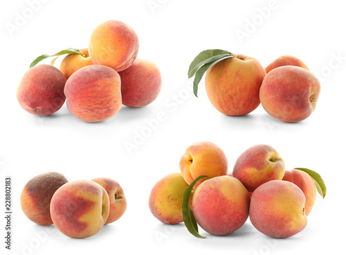 Set with juicy ripe peaches and green leaves on white background