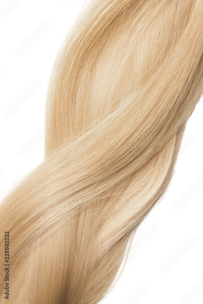 Fototapeta premium Strand of healthy blond hair on white background
