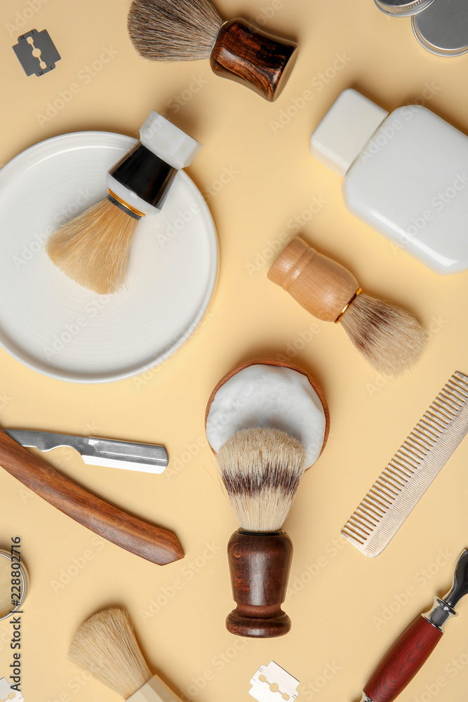 Flat lay composition with shaving accessories for men on color background Flat lay composition with shaving accessories for men on color background