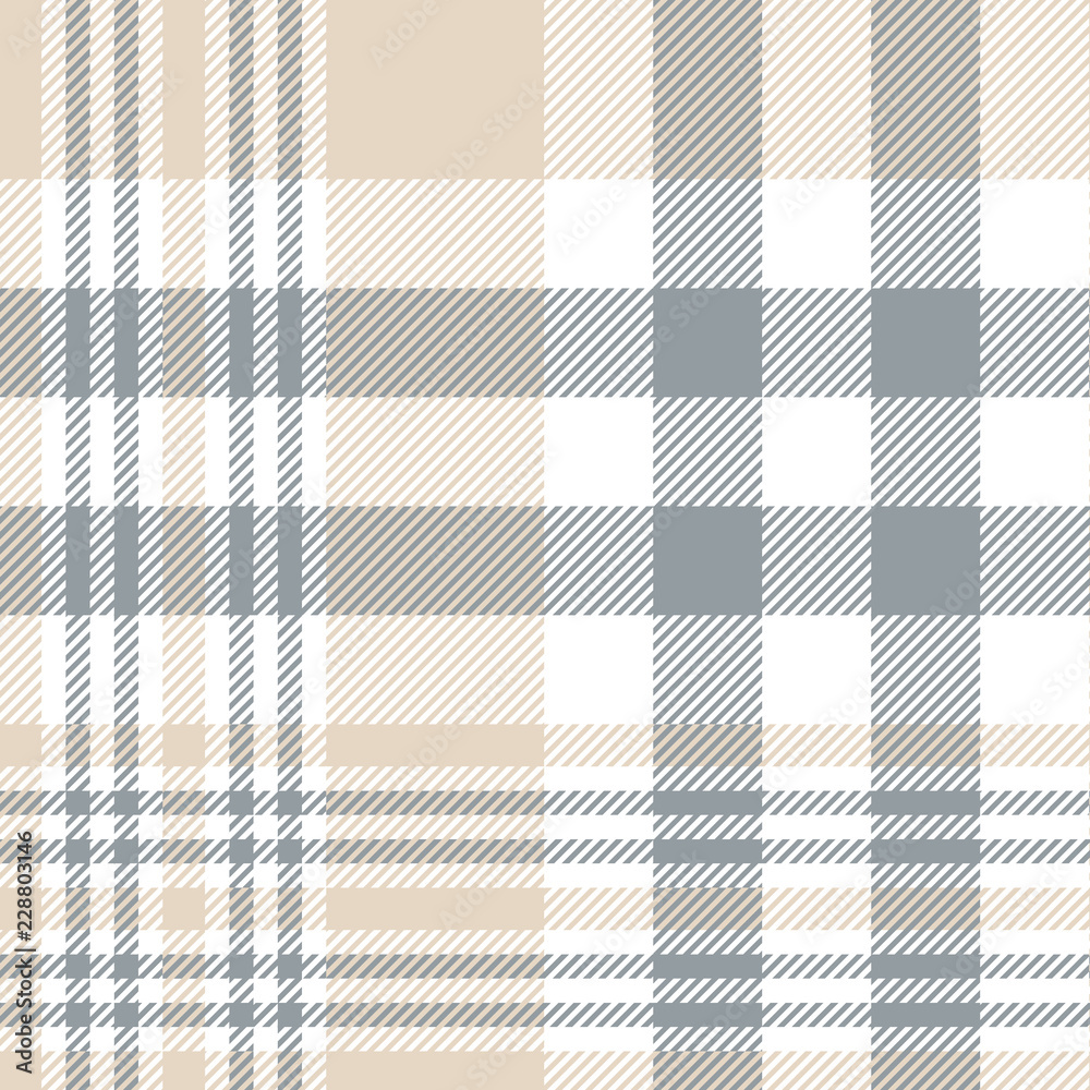 Plaid check pattern in tan beige, grey and white. Seamless fabric texture print. Plaid check pattern in tan beige, grey and white. Seamless fabric texture print.