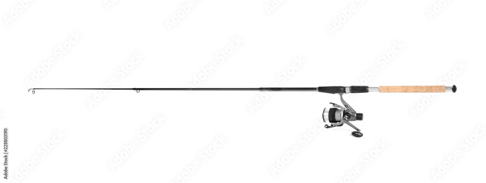 Modern fishing rod with reel on white background Stock Photo
