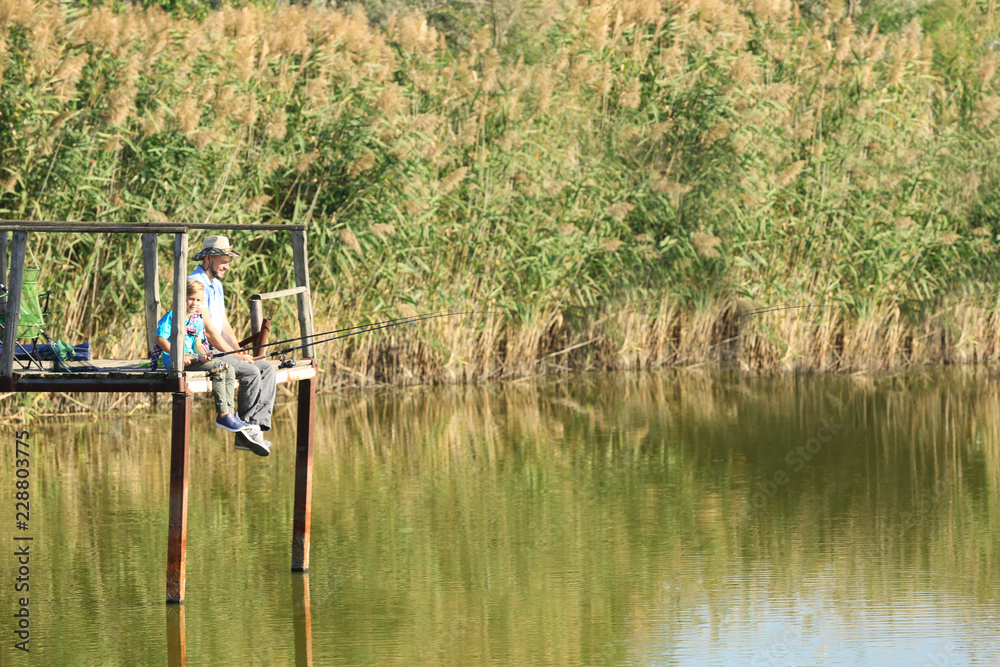 Father and son fishing together on sunny day. Space for text Father and son fishing together on sunny day. Space for text