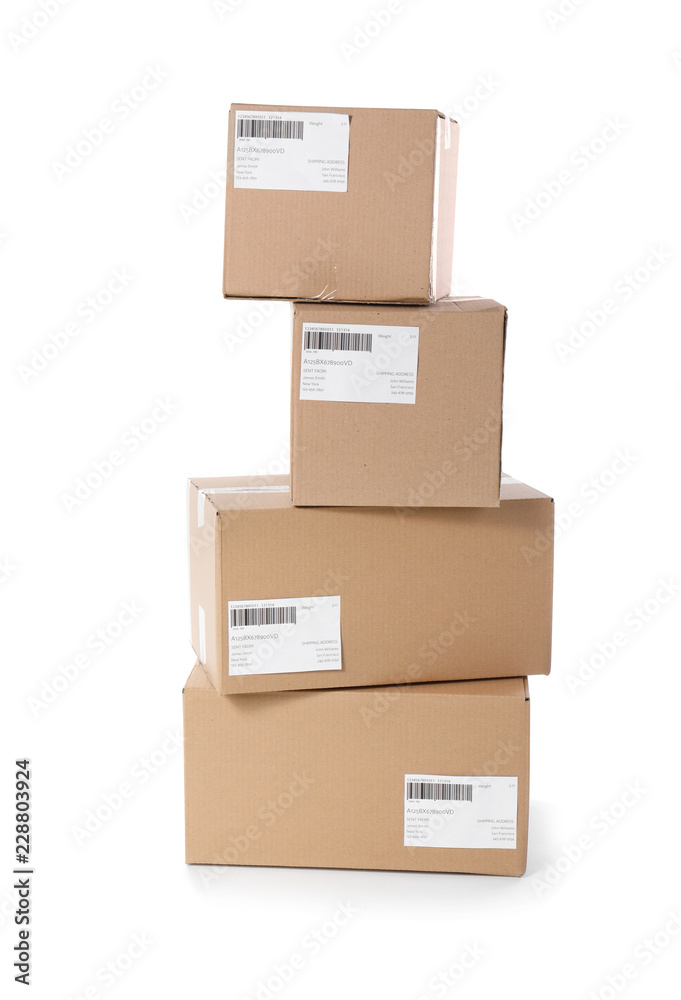 Cardboard parcel boxes on white background. Mockup for design