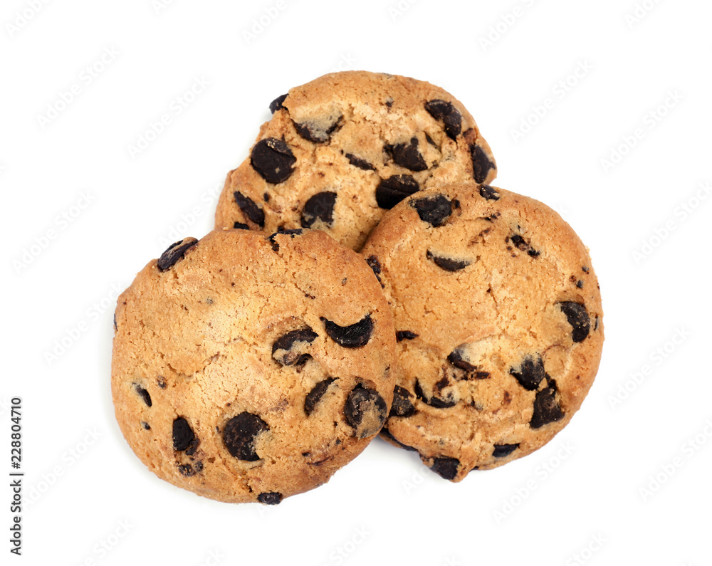 Delicious chocolate chip cookies on white background, top view Delicious chocolate chip cookies on white background, top view