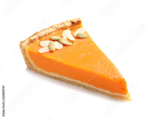 Piece of fresh delicious homemade pumpkin pie on white background