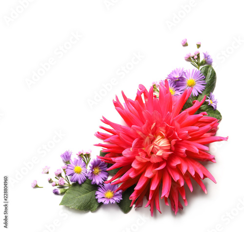 Fototapeta Naklejka Na Ścianę i Meble -  Flat lay composition with beautiful pink dahlia flower and space for text on white background