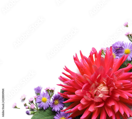 Fototapeta Naklejka Na Ścianę i Meble -  Flat lay composition with beautiful pink dahlia flower and space for text on white background
