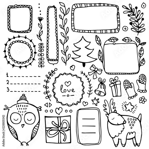 Bullet journal hand drawn vector elements for notebook, diary and planner. Set of doodle frames, banners and floral elements isolated on white background. 