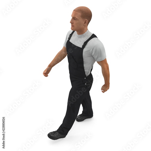 Construction Worker Wearing Black Overalls Walking Pose. 3D Illustration, isolated, on white © 2dmolier