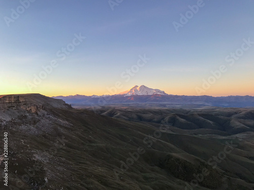 Mount Elbrus from Bermamyt Plateau at blue dawn