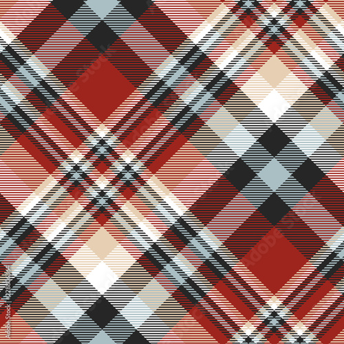 Plaid check patten in red, beige, white, dusty blue and black