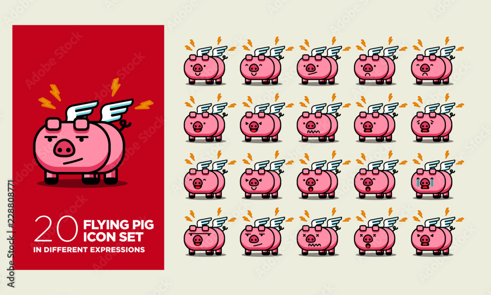 Set of Cute Flying Pig with Wings Emoji Line Icons In Different