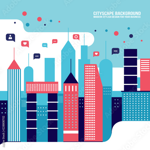 Wallpaper Mural City social network Urban landscape filled with business icons communication concept infographic elements Vector illustration Torontodigital.ca