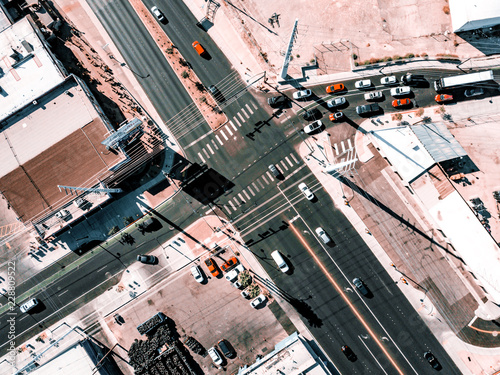 Aerial view of the Las Vegas streets from above. The strip and other buildings.