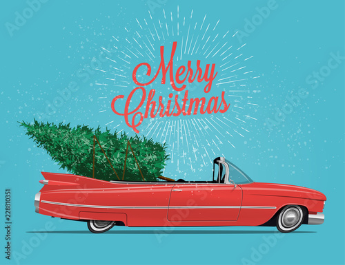 Cartoon styled side view vintage red cabriolet car with Christmas Tree on board. Vintage styled vector illustration for your poster, flyer or postcard or invitation for your event.