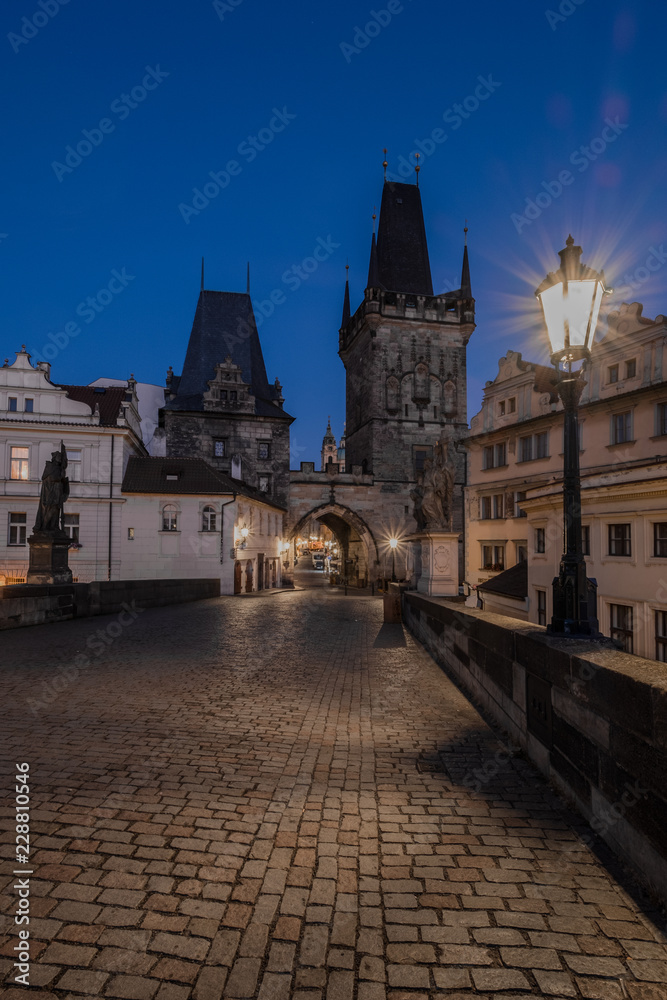 Charles bridge before dawn. One of the most famous bridges in the world, Prague, Czech Republic, Europe
