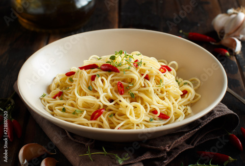 Spaghetti with garlic, olive oil and hot red pepper