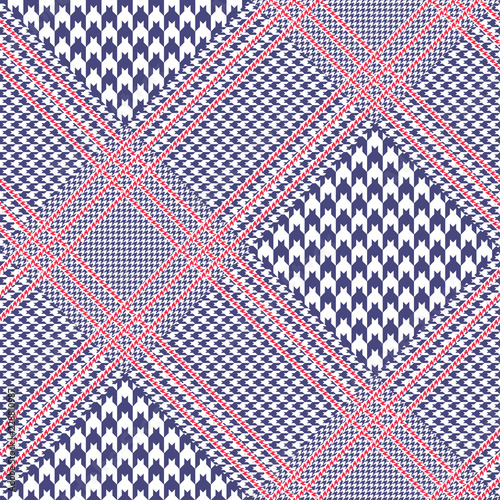 Prince of Wales check pattern in navy blue and white with red overcheck.