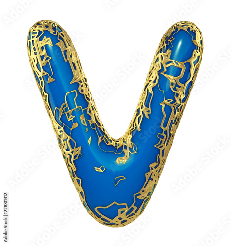 Golden shining metallic 3D with blue paint symbol capital letter V - uppercase isolated on white. 3d