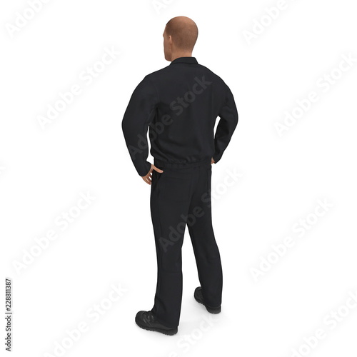 Worker Wearing Black Overalls Suit Standing Pose. 3D Illustration, isolated