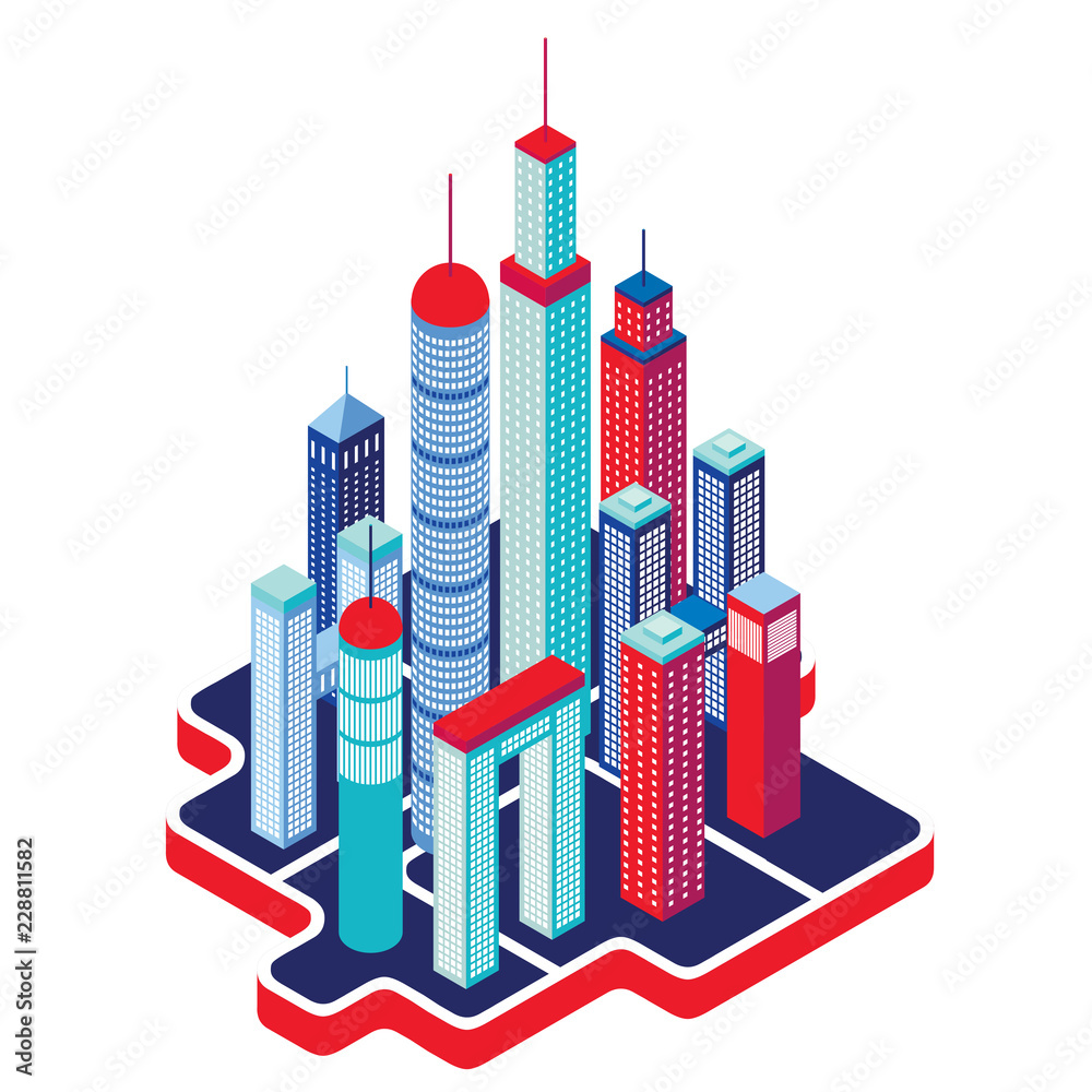 Isometric City buildings and architecture Cityscape Vector illustration