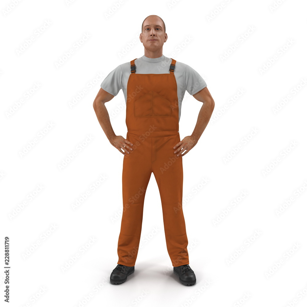 Worker Wearing Orange Overalls Suit Standing Pose. 3D Illustration, isolated
