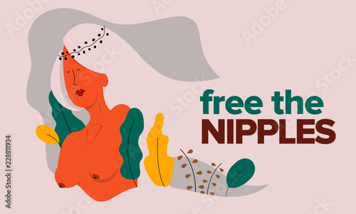 Carefree naked woman with "Free The Nipple" sign. Happiness and freedom concept. Vector illustration of a beautiful topless naked woman