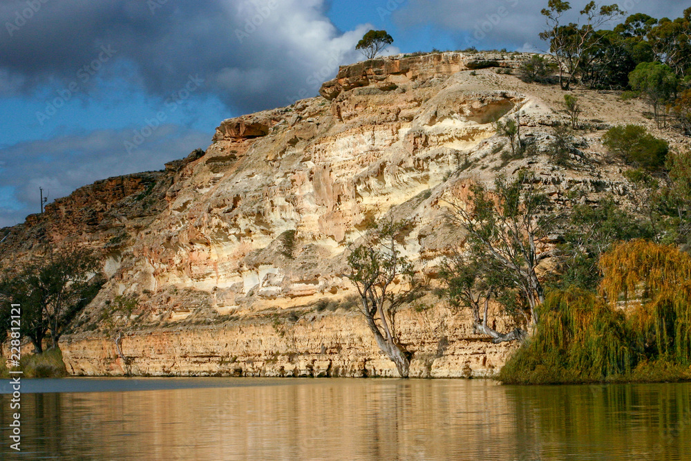 Landscape view of sandstone cliffs on the banks of the Murray River in South Australia.