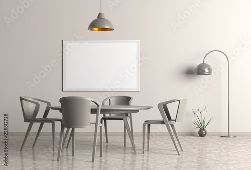 Modern dining room with poster frame mock up. 3d illustration.