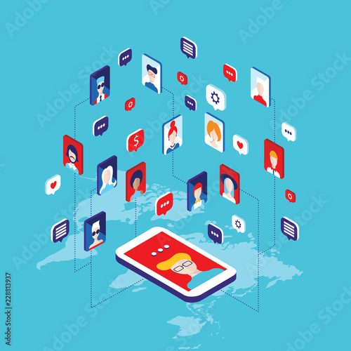Social network and technology concept Global communication by smart phone mobile internet Vector illustration