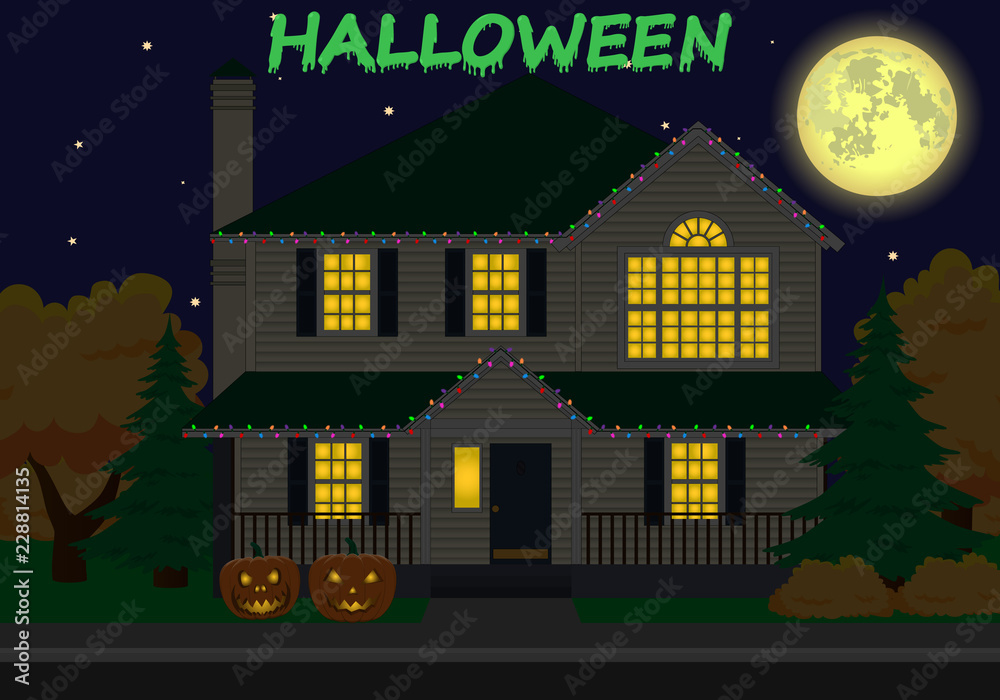 Vector family house. Holiday decorations. Happy halloween day.