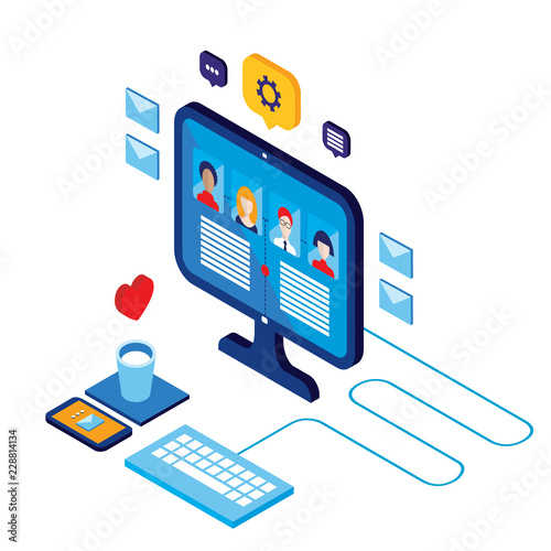 Wallpaper Mural Workplace isometric elements set Social network and communication concept Vector illustration Torontodigital.ca