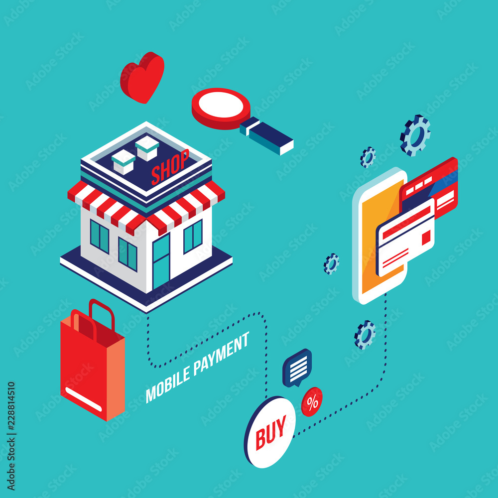 Obraz premium Flat 3d isometric design Mobile payment Online shopping e-commerce concept Vector illustration