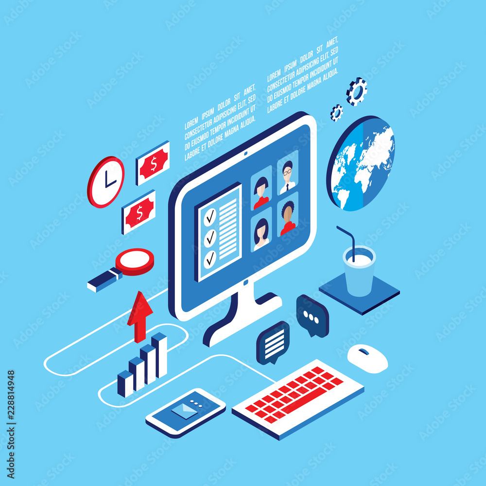 Workplace isometric elements set Social network and communication concept Vector illustration Workplace isometric elements set Social network and communication concept Vector illustration