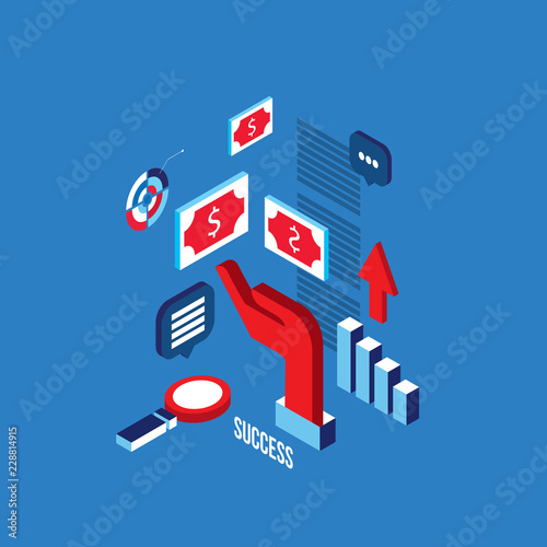 Successful business process concept Idea research hardwork success 3d isometric flat design Vector illustration