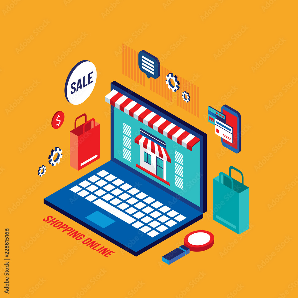 Flat 3d isometric modern design Shopping online Successful business e-commerce concept Vector illustration Flat 3d isometric modern design Shopping online Successful business e-commerce concept Vector illustration