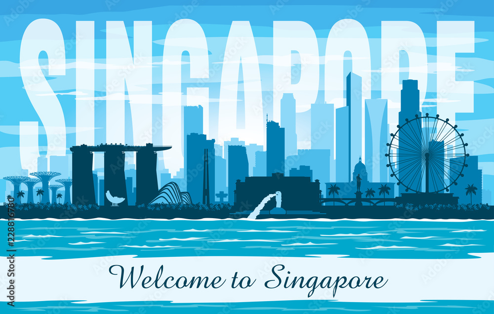 Naklejka premium Sylwetka wektor panoramę miasta Singapur