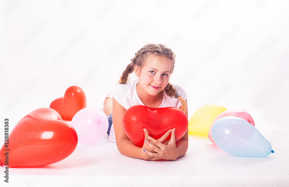 girl with balloons, child with balloons, child with balloons lying on white background girl with balloons, child with balloons, child with balloons lying on white background