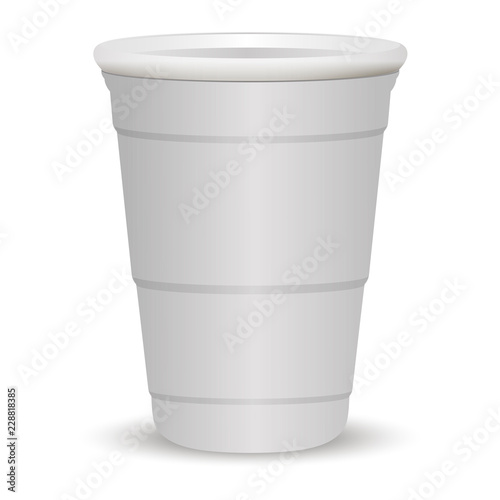 White party cup realistic 3d vector illustration. Disposable plastic or paper container mockup for drinks and fun games isolated on white background.
