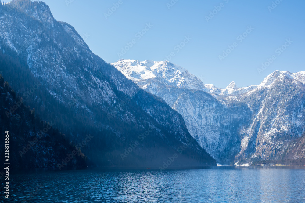 National park Berchtesgaden snowy mountains and lake Königssee