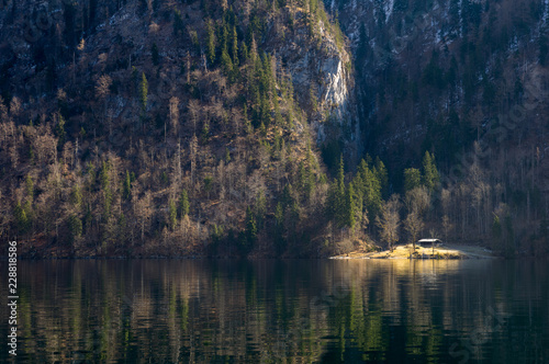Fototapeta Naklejka Na Ścianę i Meble -  National park Berchtesgaden forest on the mountains and reflection in Königssee