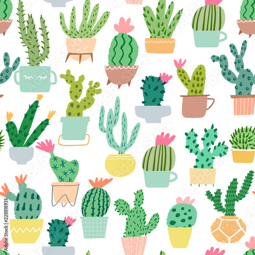 Fototapeta Naklejka Na Ścianę i Meble -  Vector catus seamless pattern. Cacti texture hand draw background
