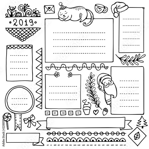 Bullet journal hand drawn vector elements for notebook, diary and planner. Set of doodle frames, banners and floral and Christmas elements isolated on white background.
